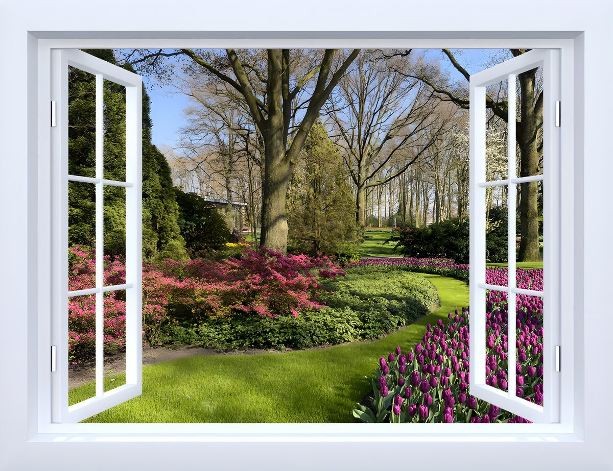 Spring garden through an open window