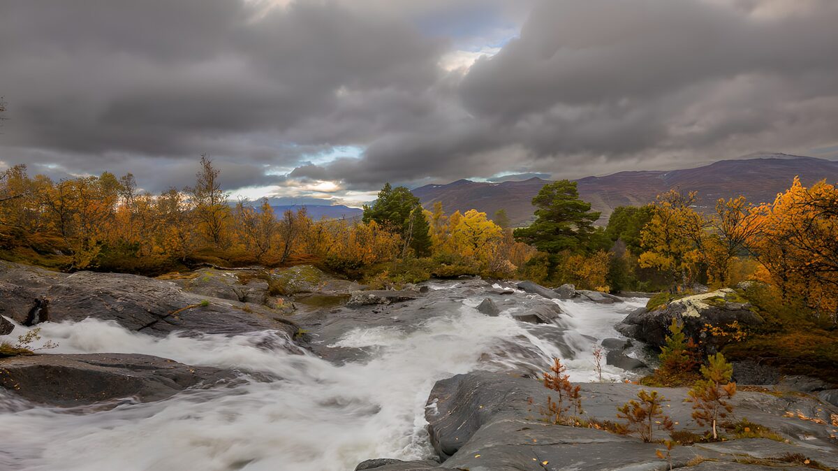 Autumn rapids beneath brooding clouds