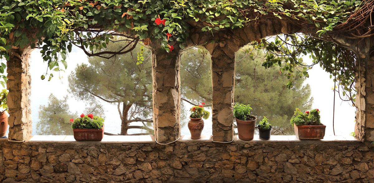 Stone terrace arches overlooking the sea