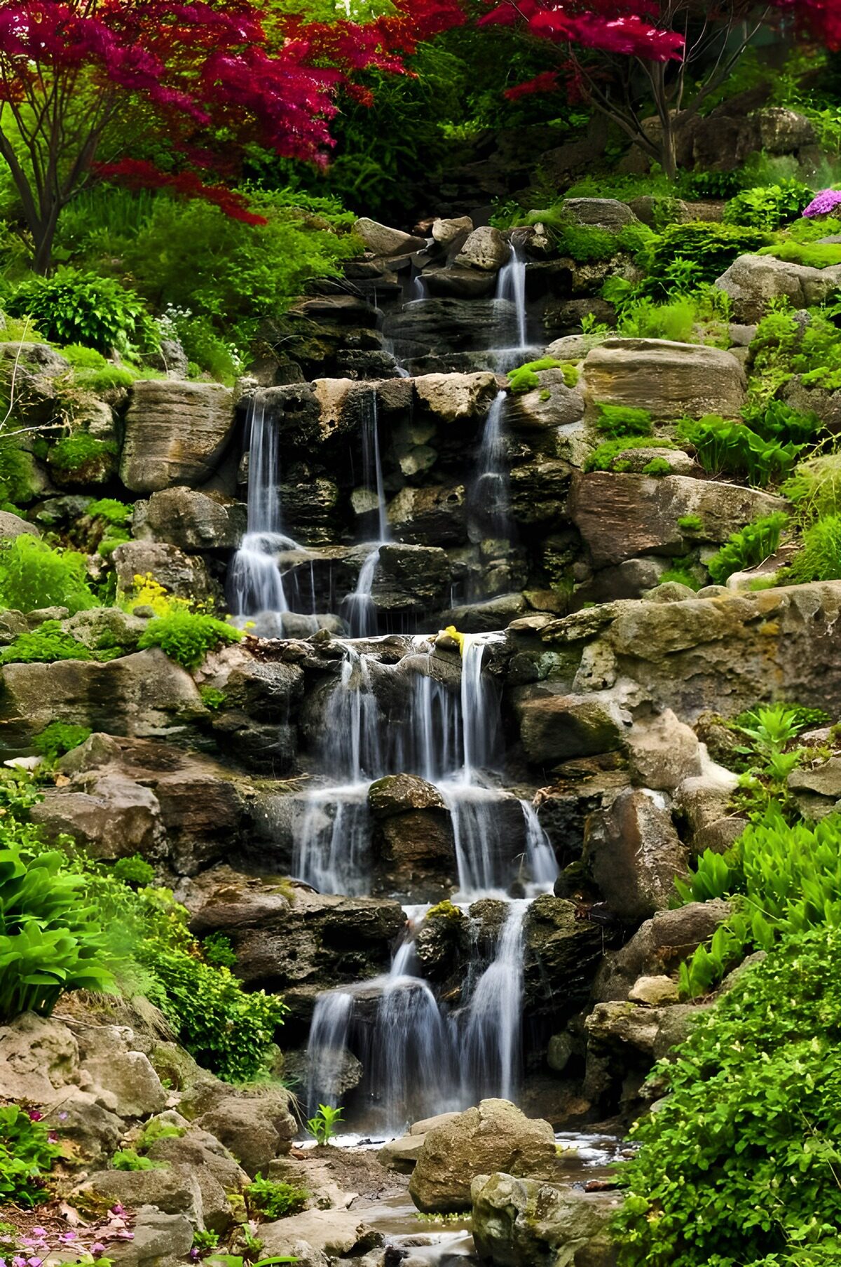 Garden waterfall over mossy rocks
