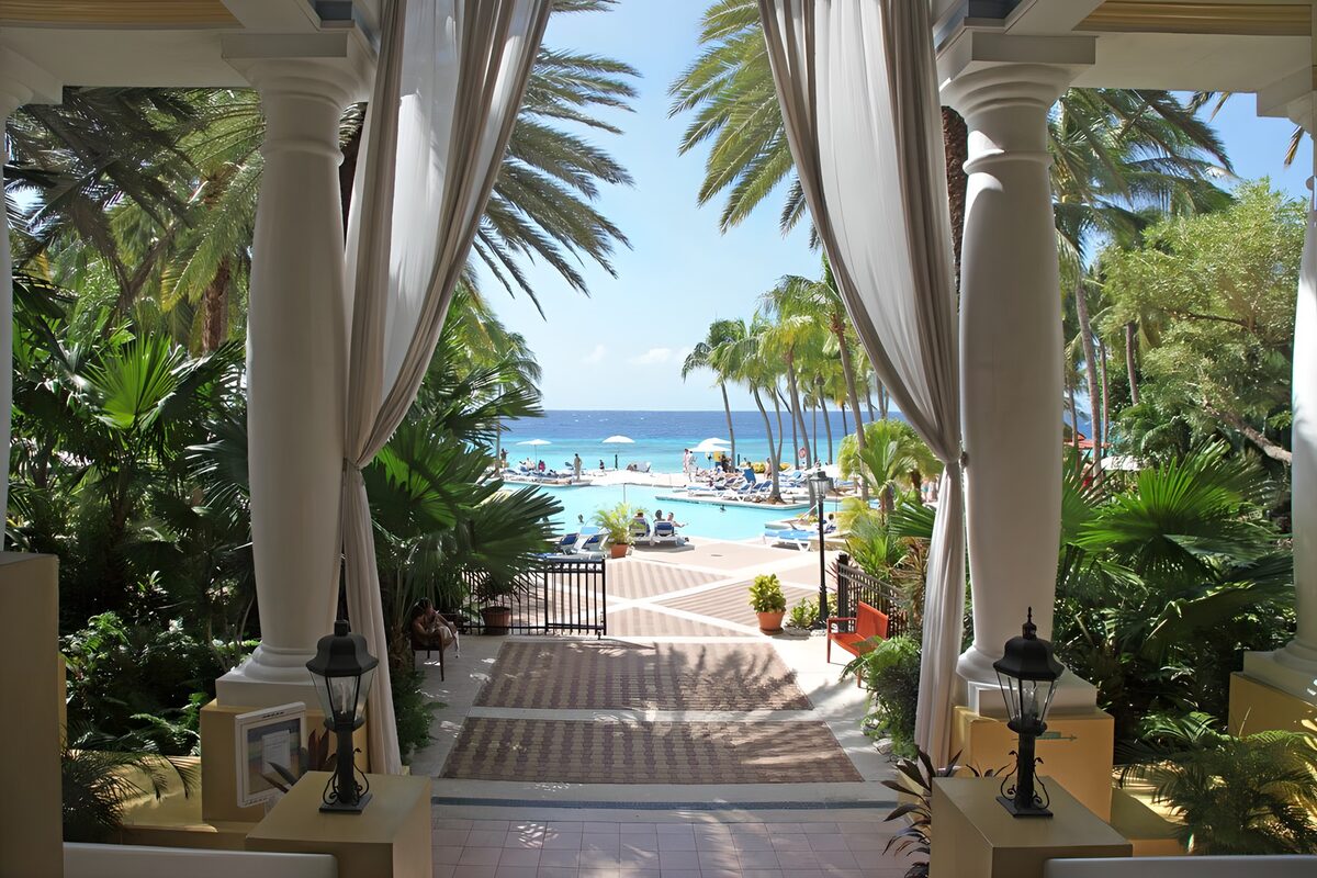 Tropical pool from a shaded terrace