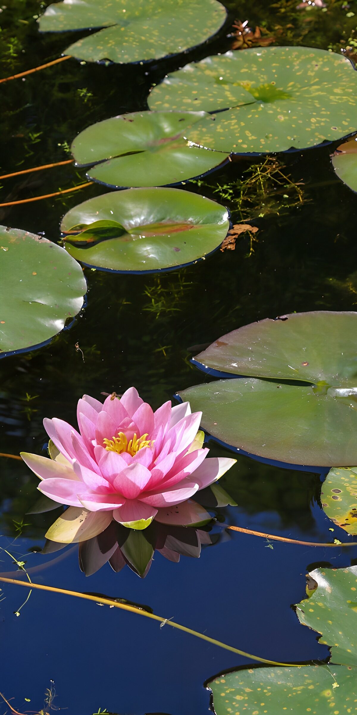 Pink water lily on a still pond