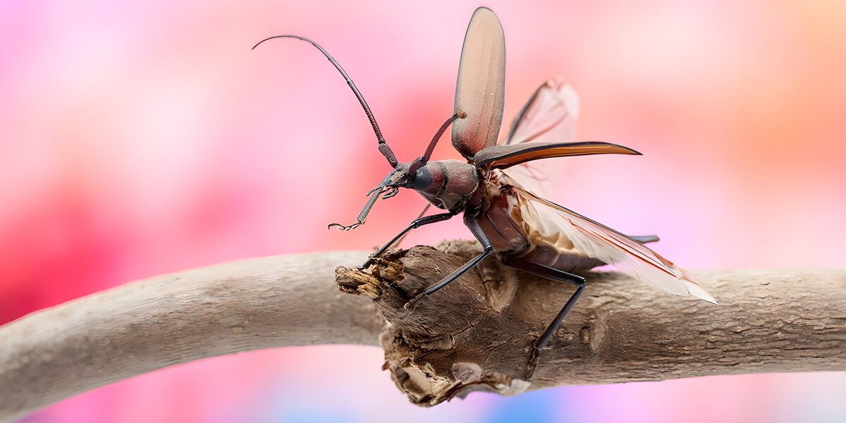 Beetle spreading its wings against pink