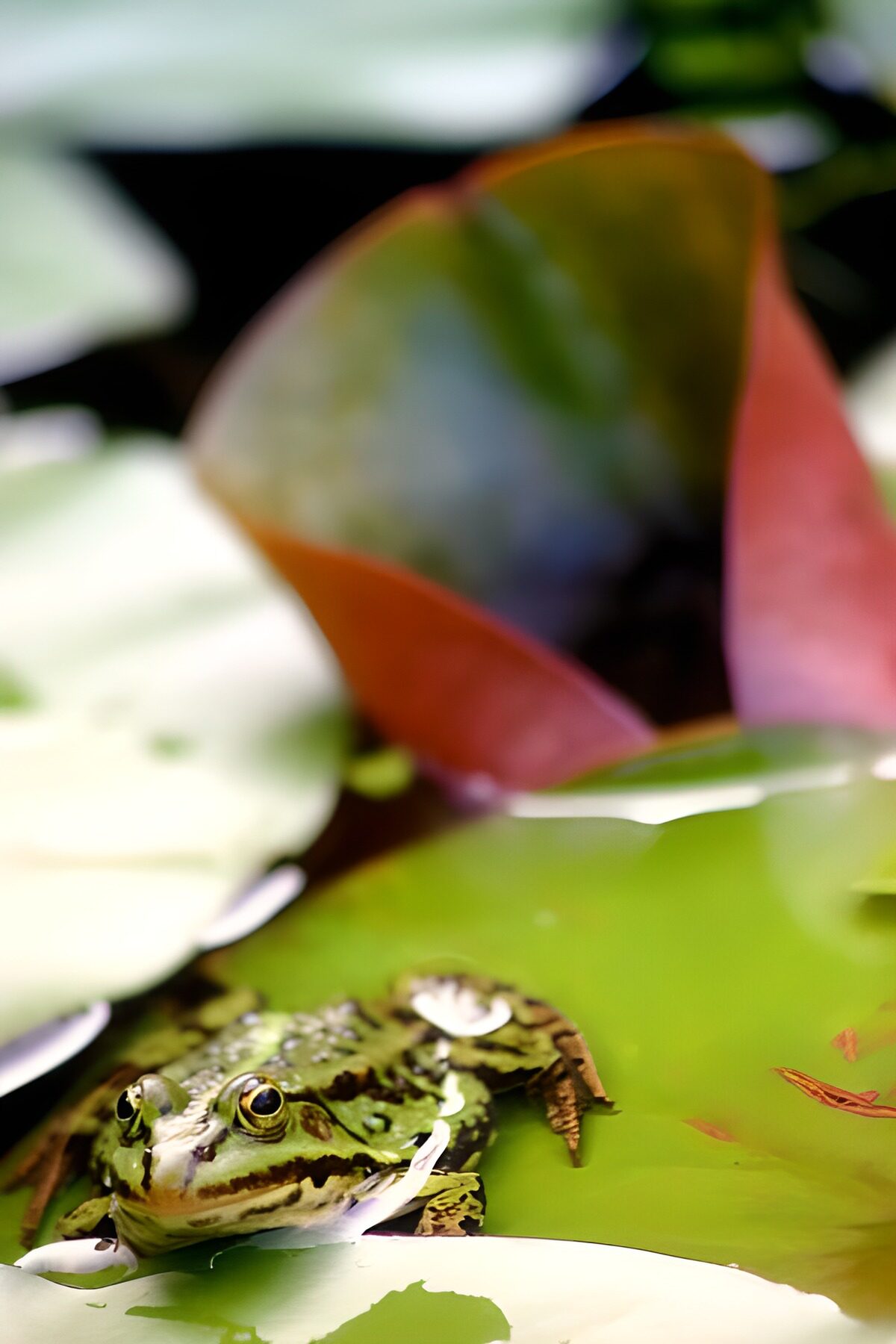 A frog in a hush of green and pink