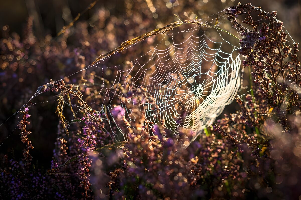 Dew-covered spiderweb in golden light
