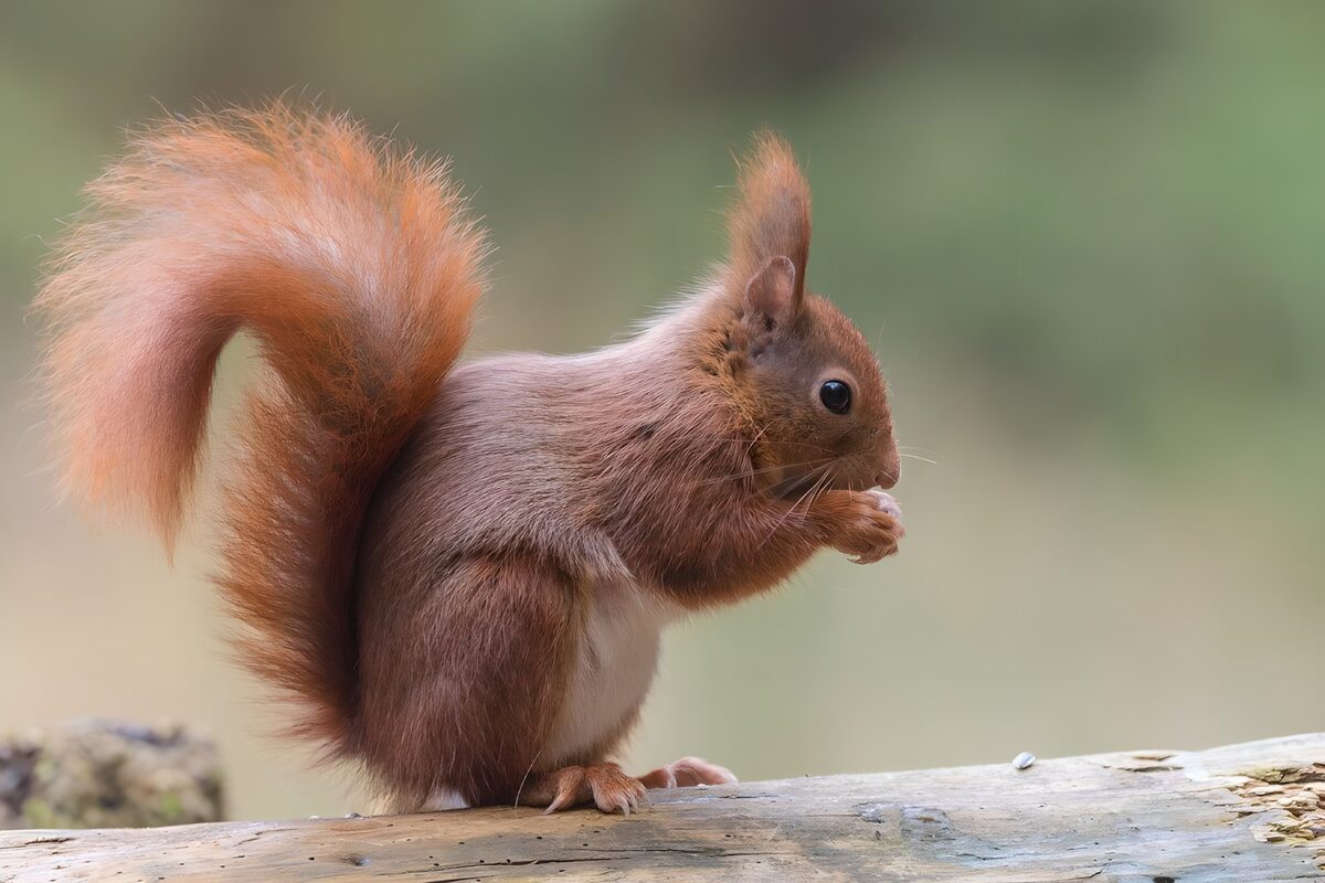Red squirrel resting on a weathered trunk