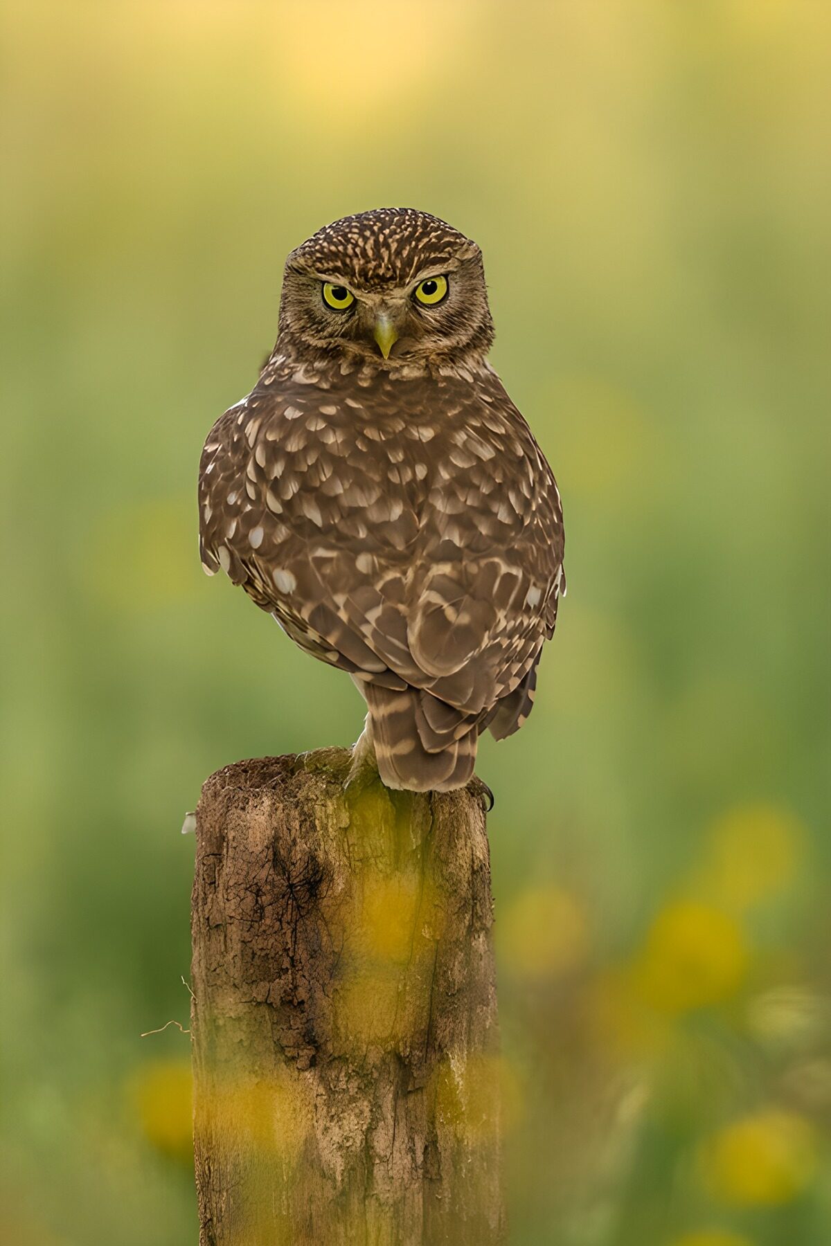 Watchful little owl on a wooden post