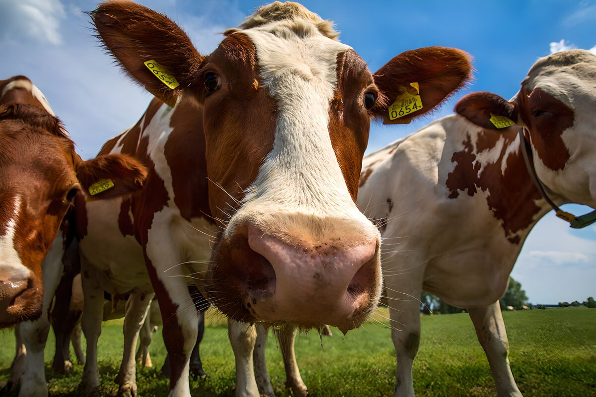 Curious cows beneath a patchwork sky