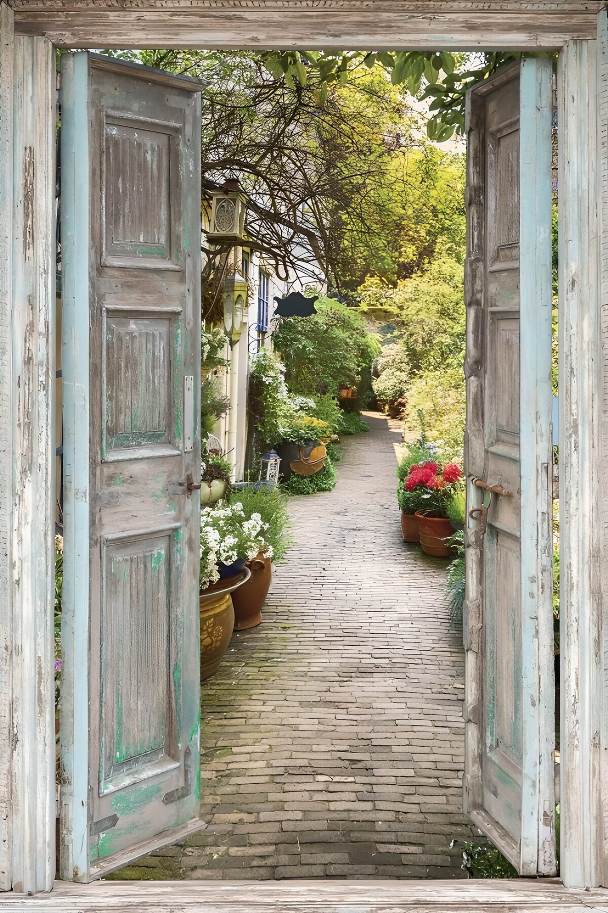 Open doors onto a leafy garden path