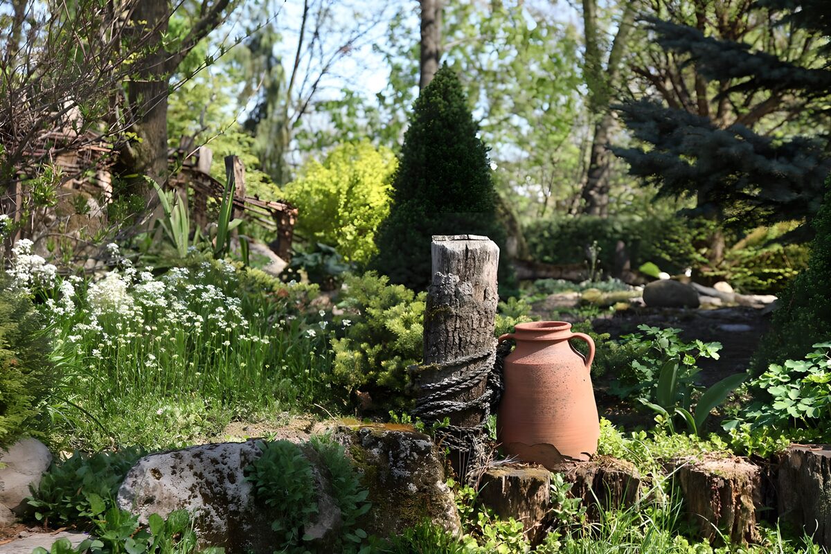 Terracotta pot in a shady garden