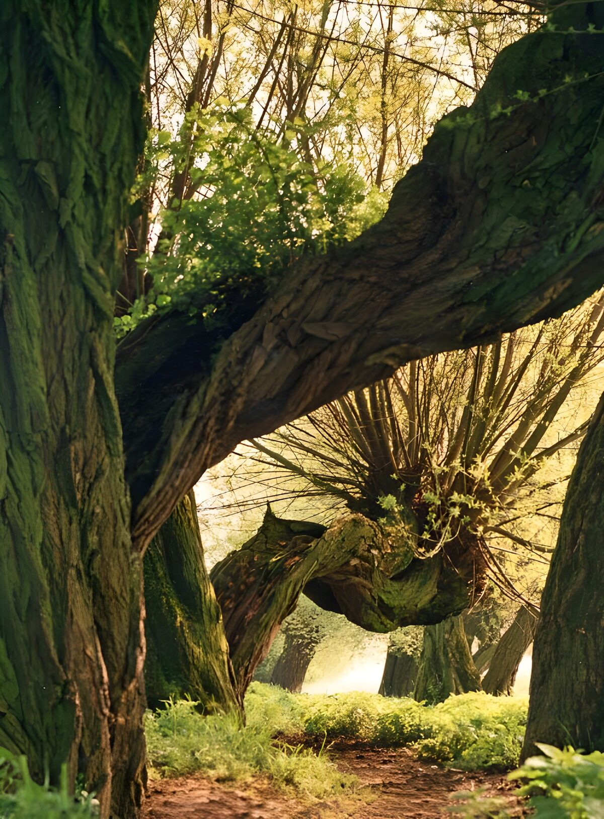 Woodland path beneath twisted trees