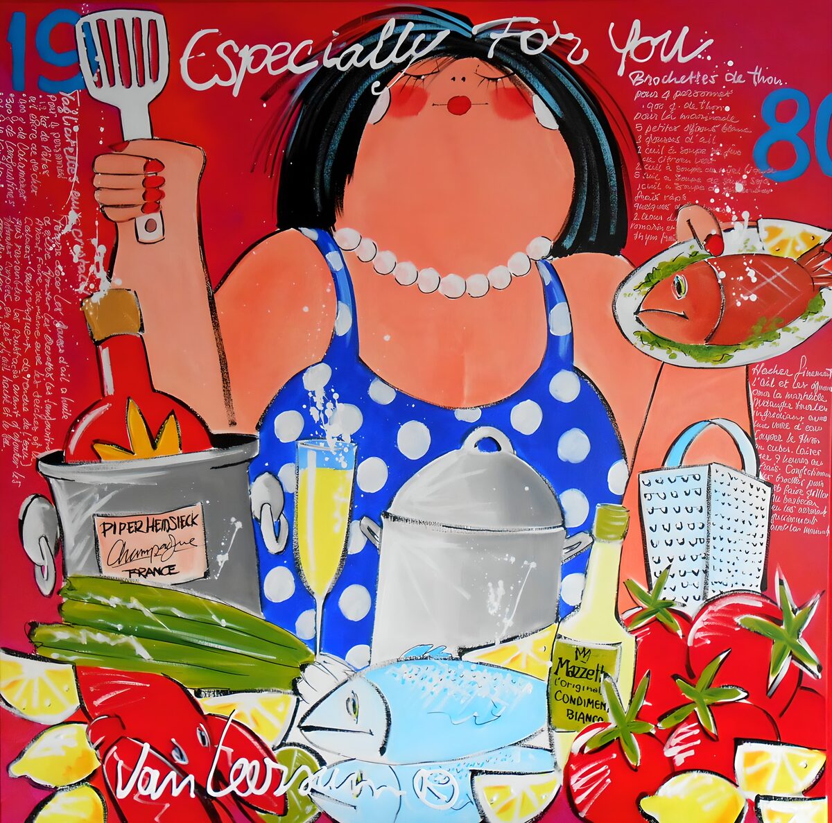 Smiling cook with fish and champagne