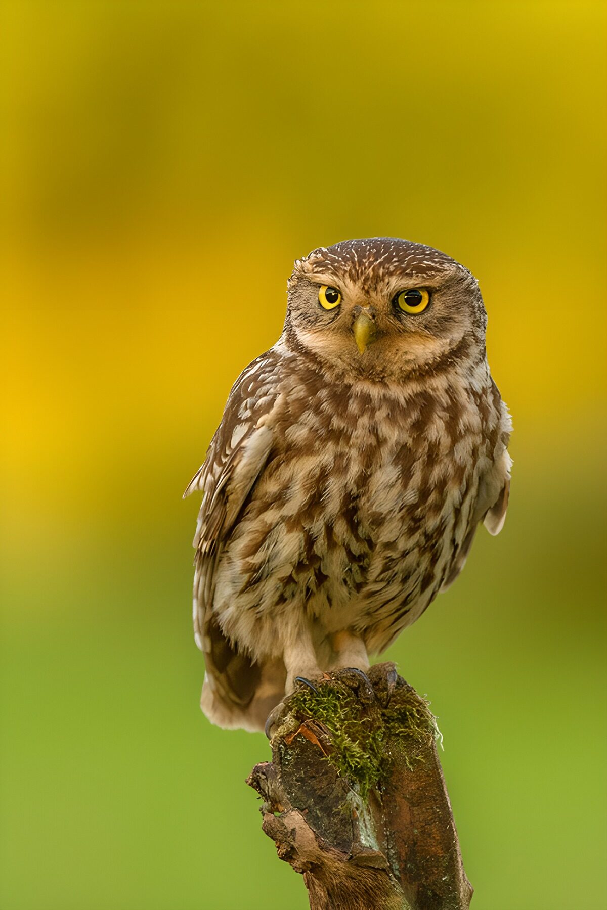 Watchful little owl on a broken branch
