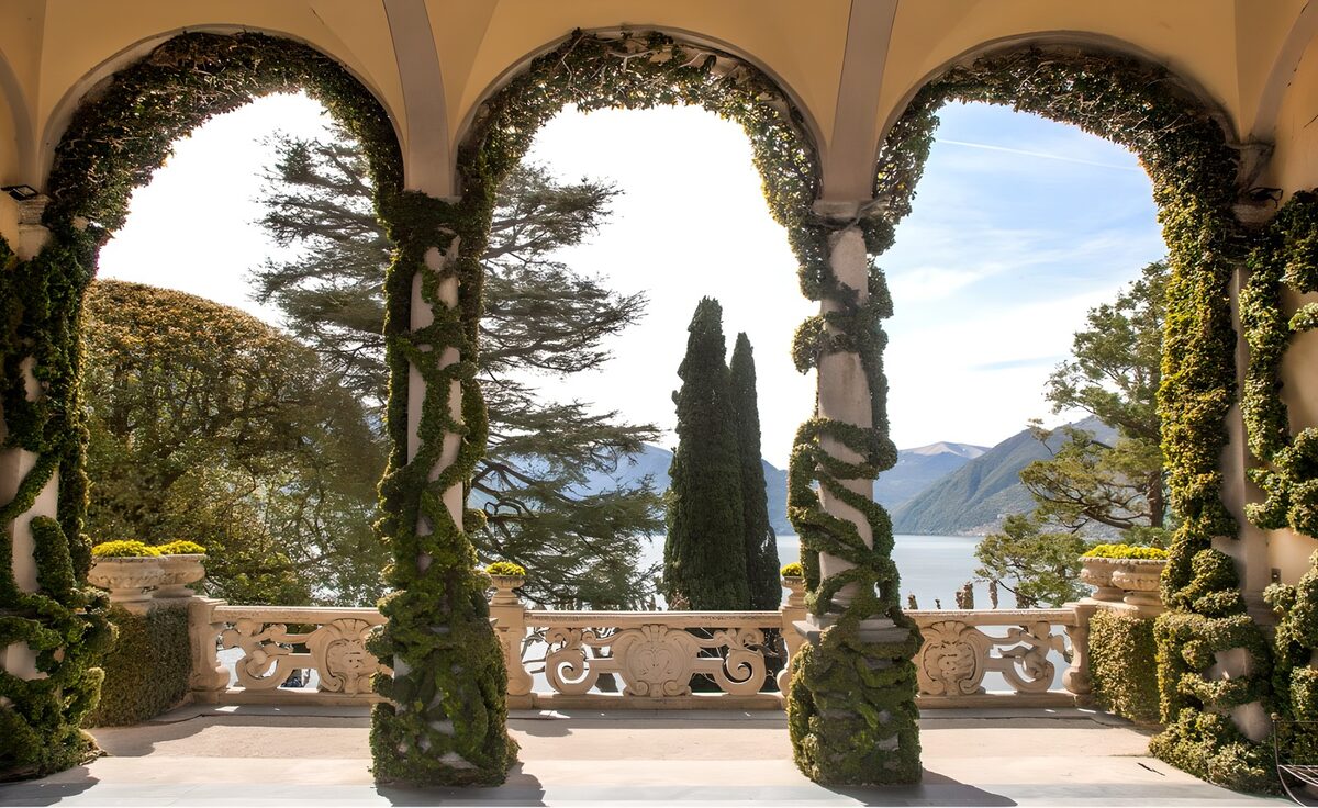 Lake and mountains through three arches