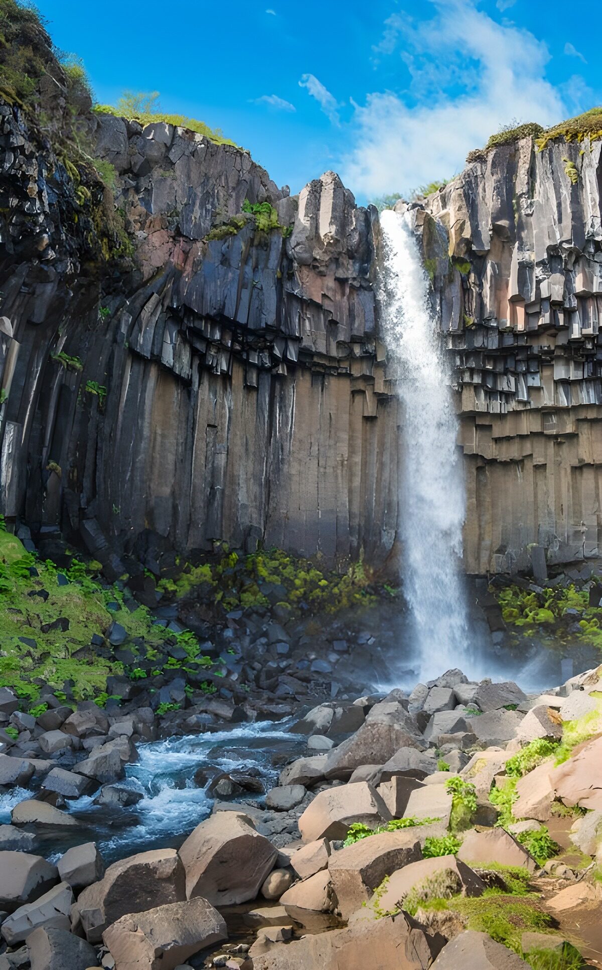 Tall waterfall over rugged basalt cliffs