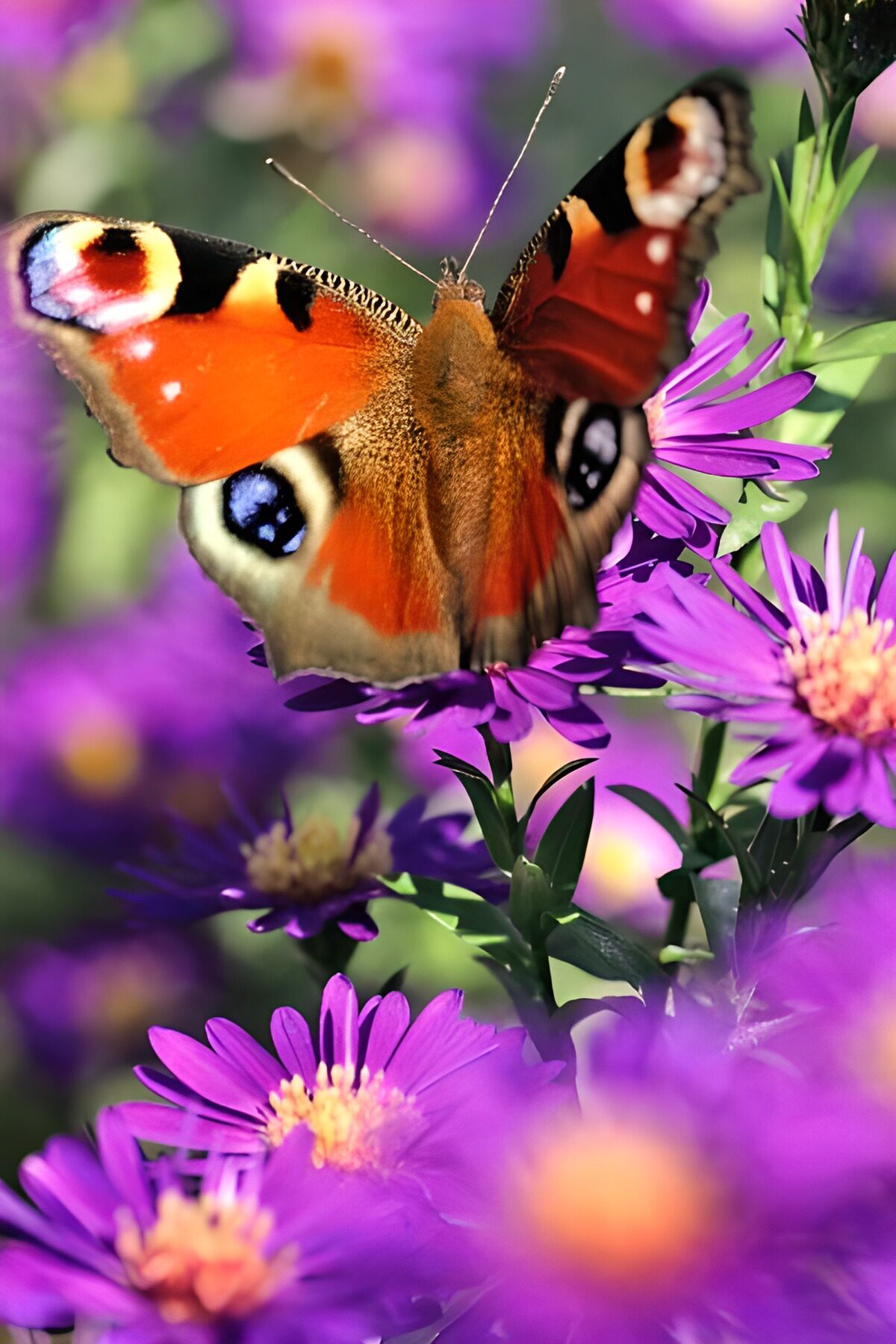 Peacock butterfly on sunlit purple flowers