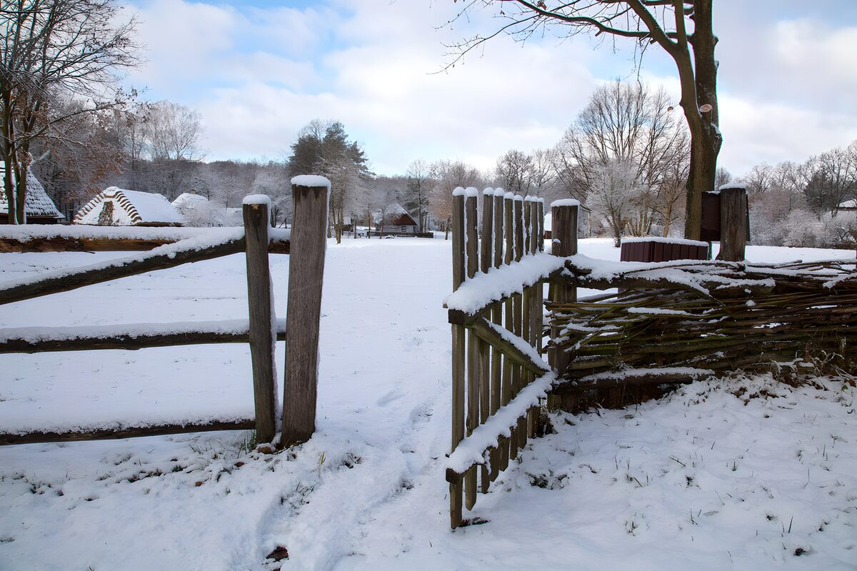 Open gate onto a quiet snowy clearing
