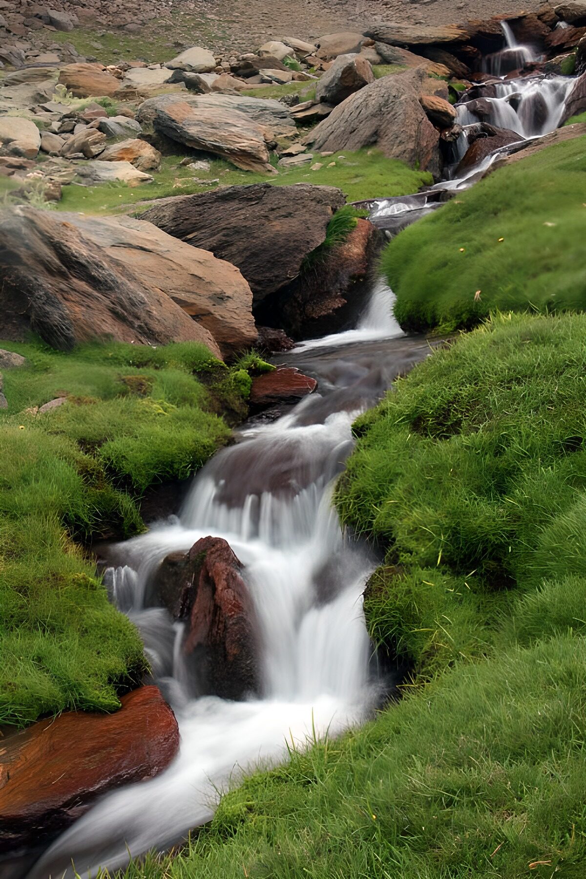 Rocky cascades between lush green banks