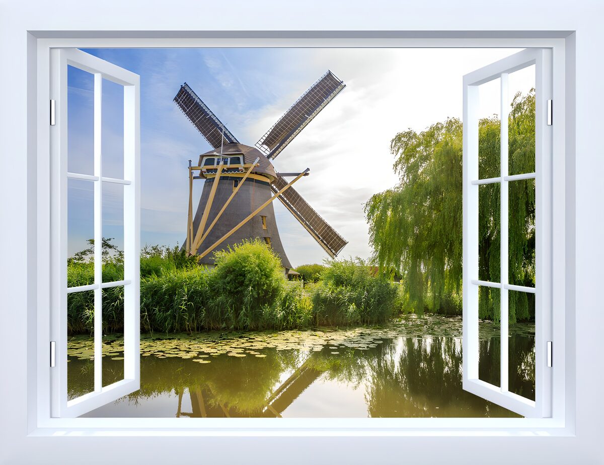 Open window onto a sunlit windmill