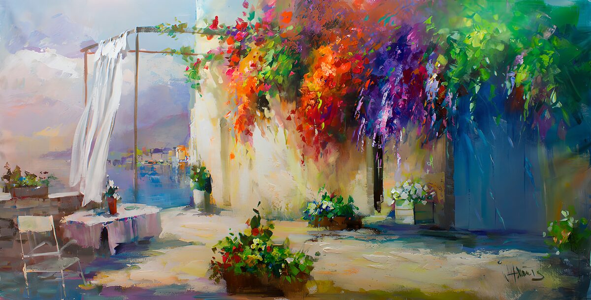 Sunlit terrace with flowers and a blue door