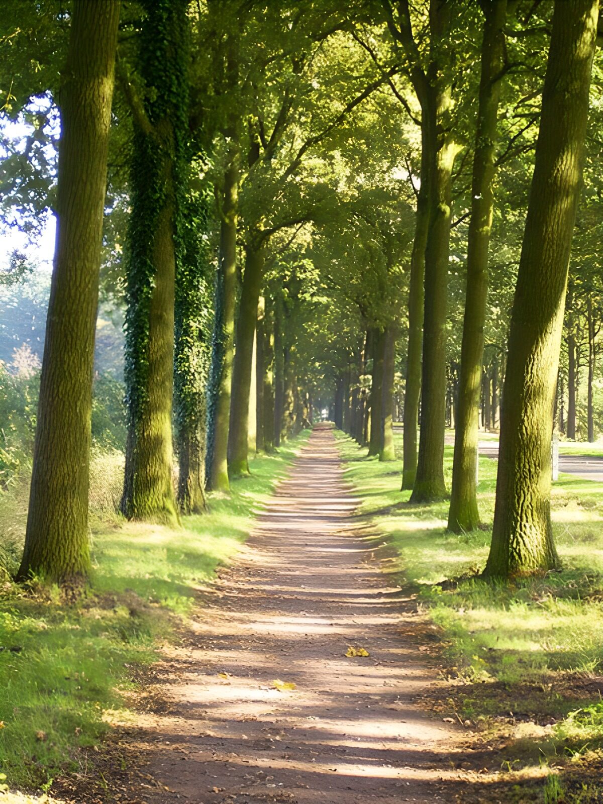 Sunlit path between tall trees