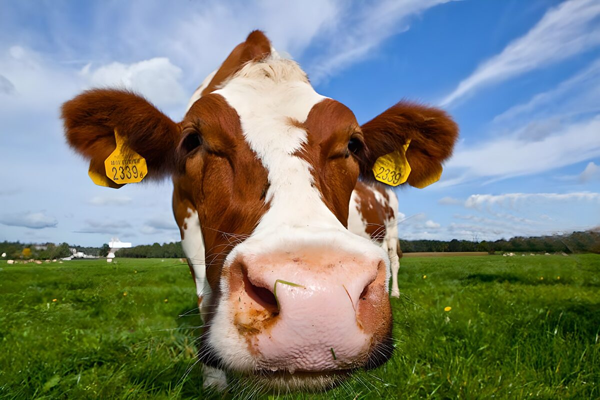 A curious brown-and-white cow up close