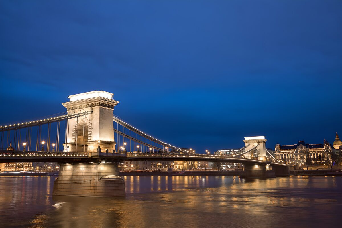 Chain Bridge lit up at dusk