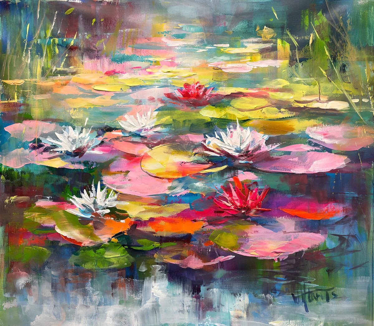 Colourful water lilies in loose brushstrokes