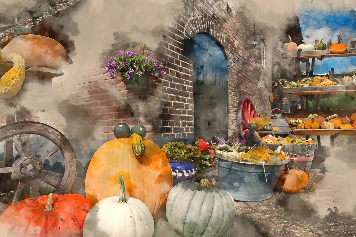 Rustic pumpkins, gourds and flowers