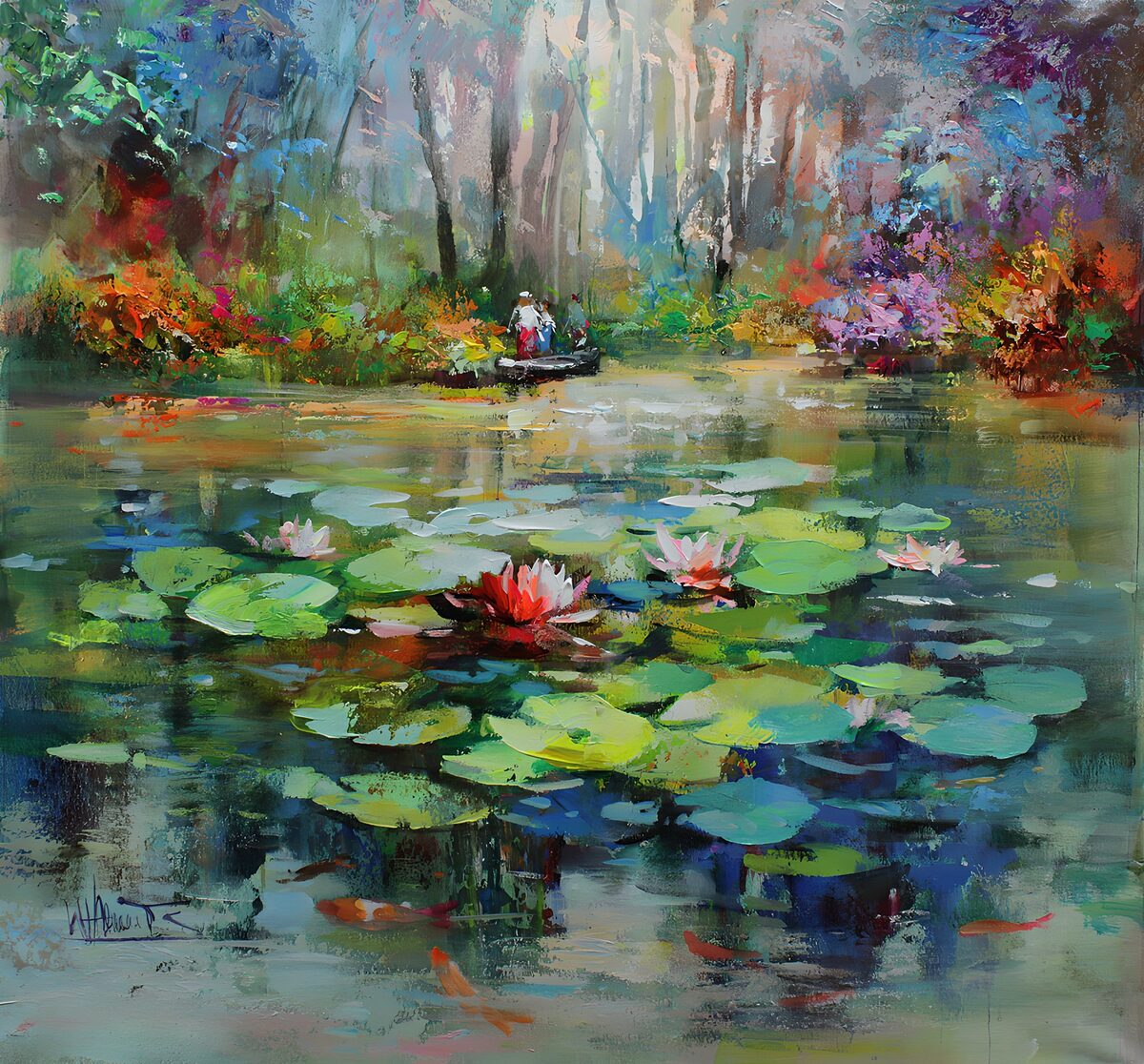 Colourful water lilies on a wooded pond