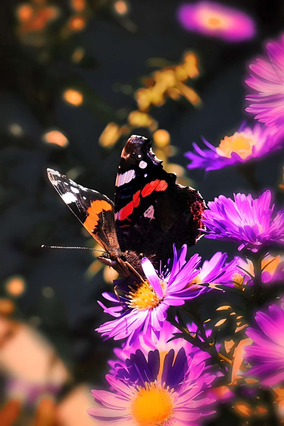 Butterfly on sunlit purple flowers