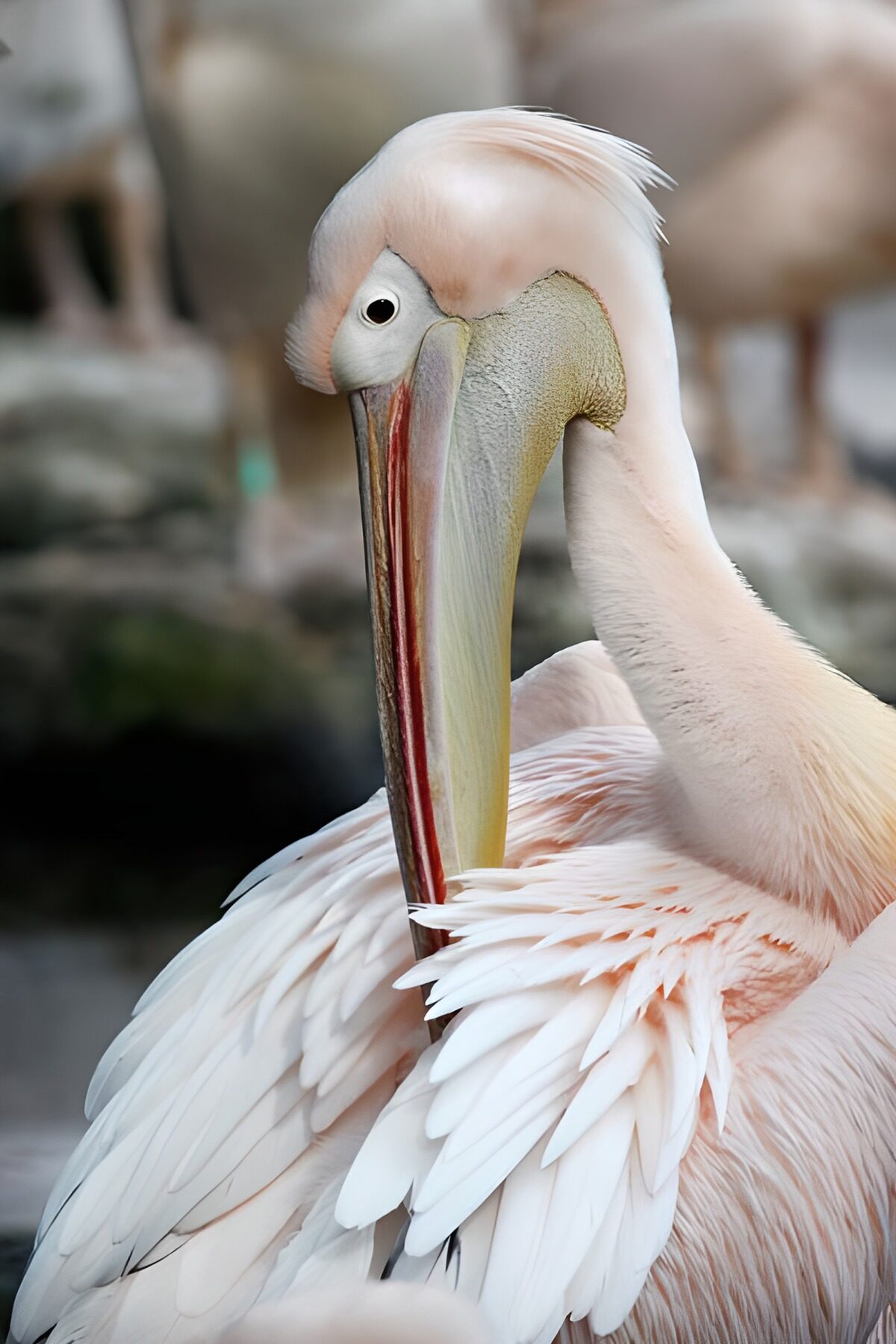 White pelican resting in pink-tinged feathers