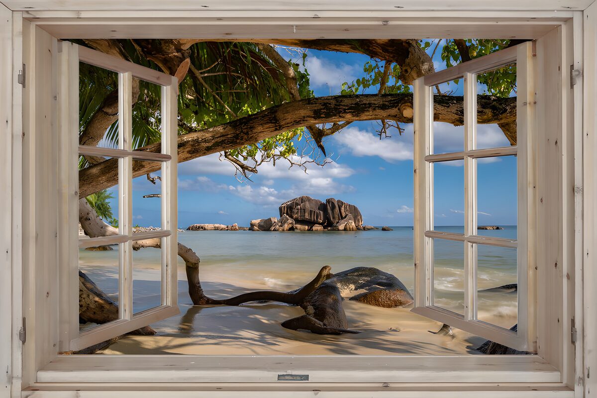 Tropical beach through an open white window