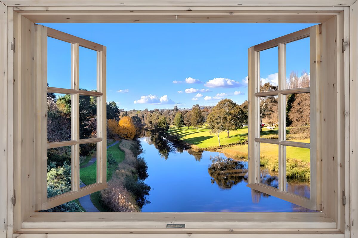 Open window over calm blue water