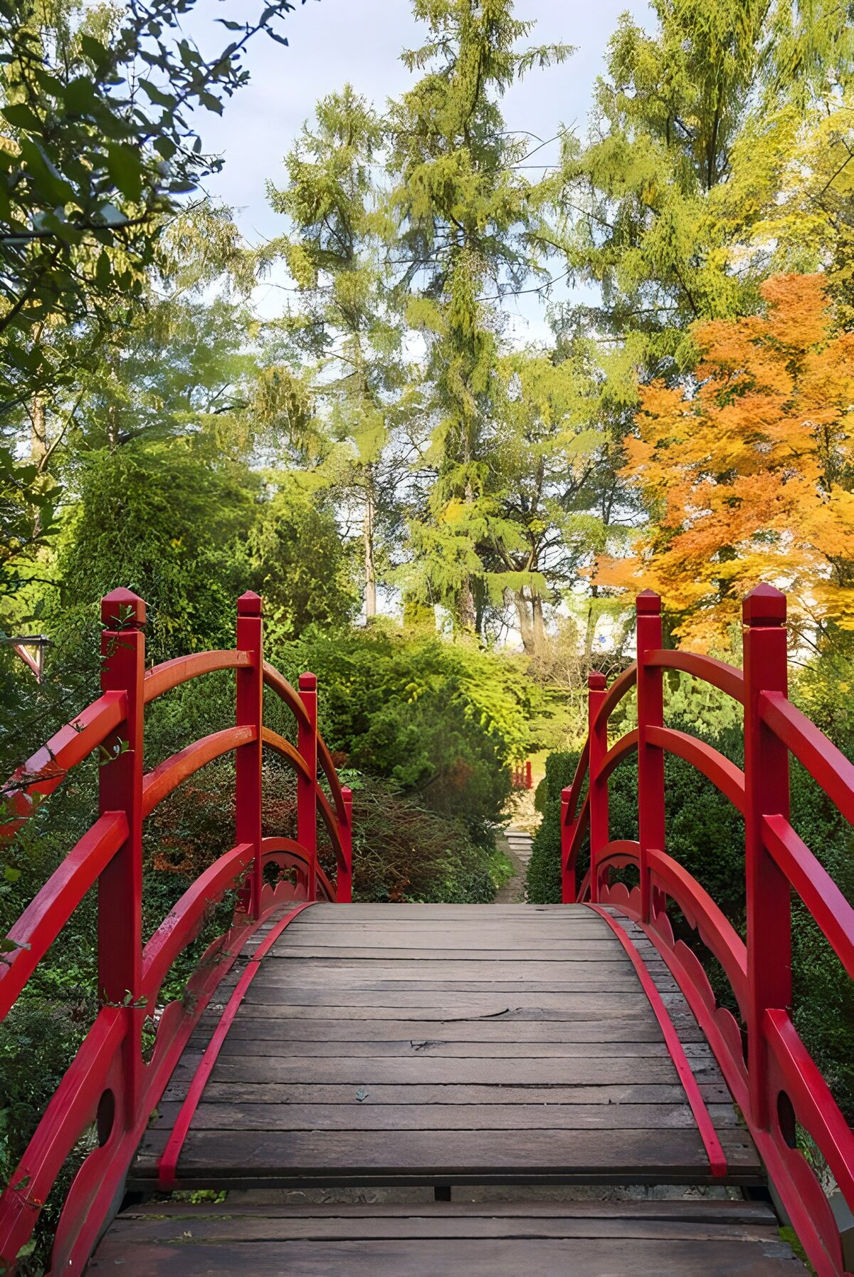 Red arched bridge in a quiet autumn garden