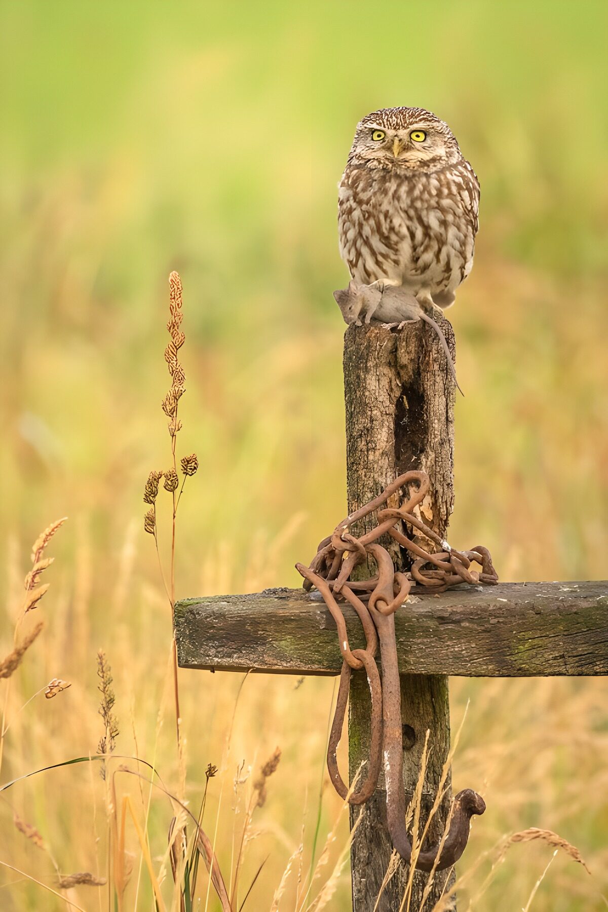 Little owl with a mouse on a fence post