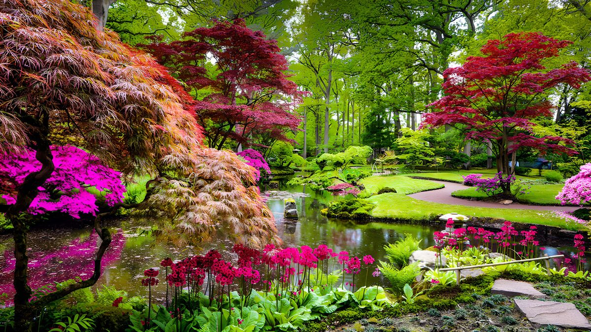 Japanese garden pond in soft daylight