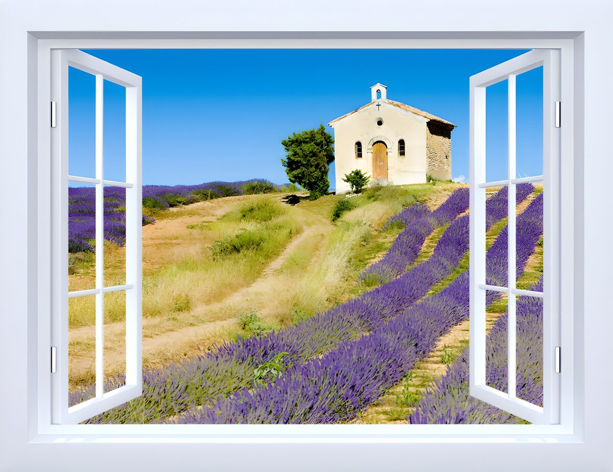 Open window onto sunlit lavender fields