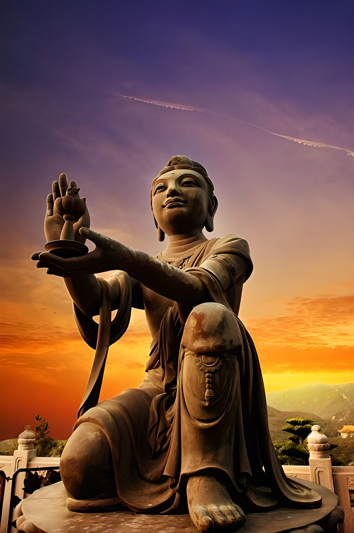 Kneeling Buddha against a sunset sky
