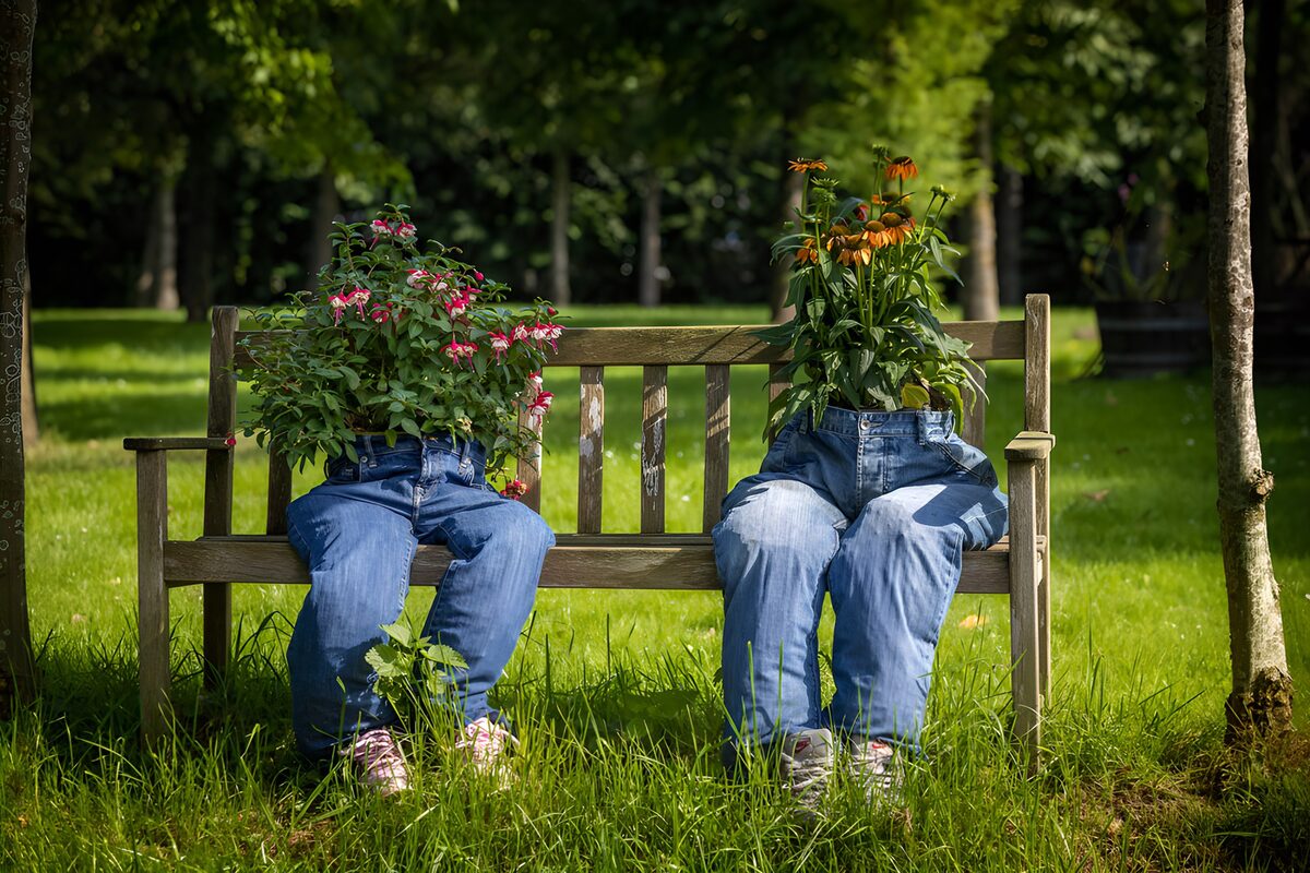 Jeans planters on a sunlit garden bench