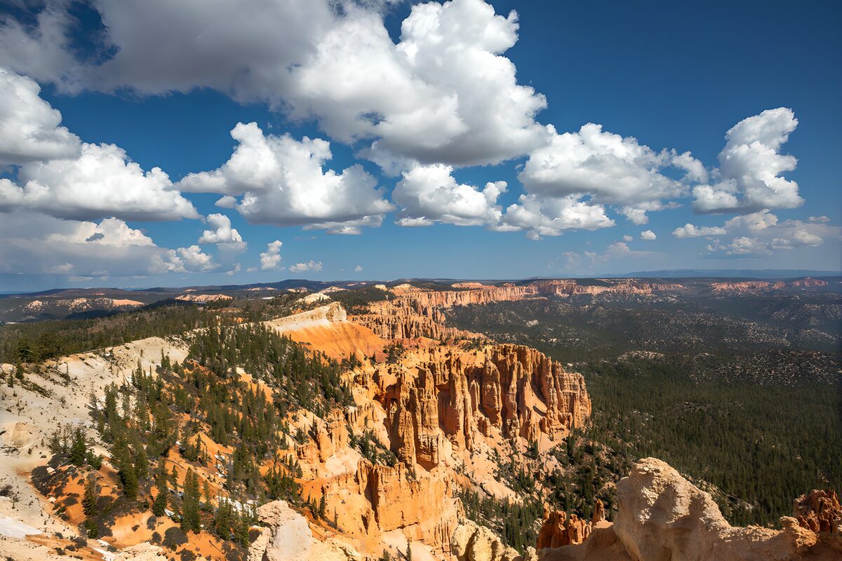 Orange cliffs beneath a cloud-filled sky