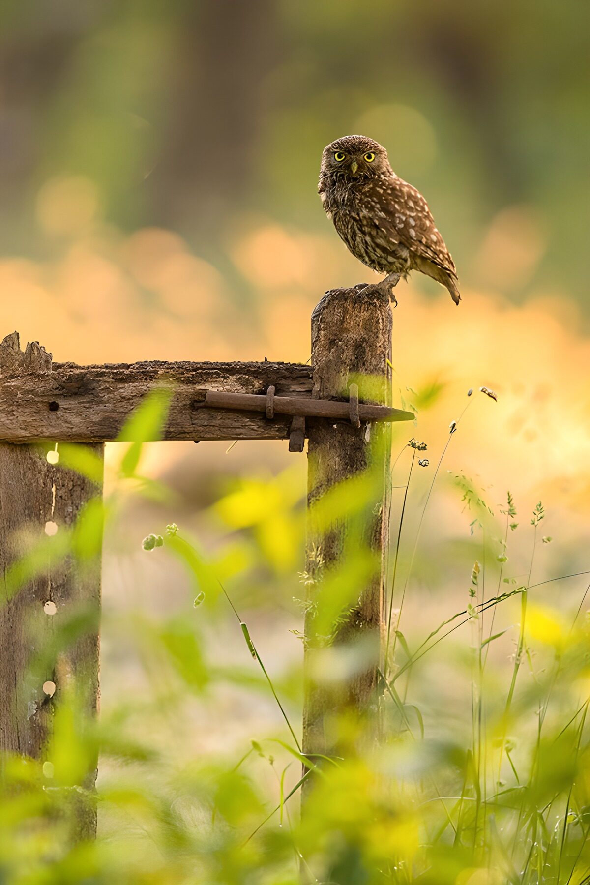 Little owl on a sunlit fence post