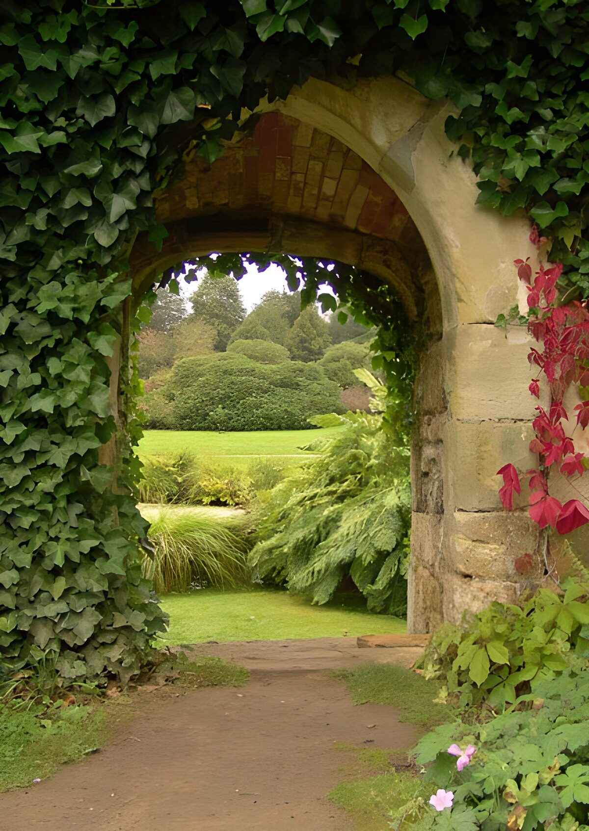 Stone archway into a sheltered garden