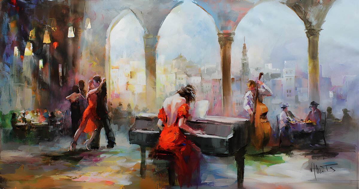 Café piano and dancing in warm light