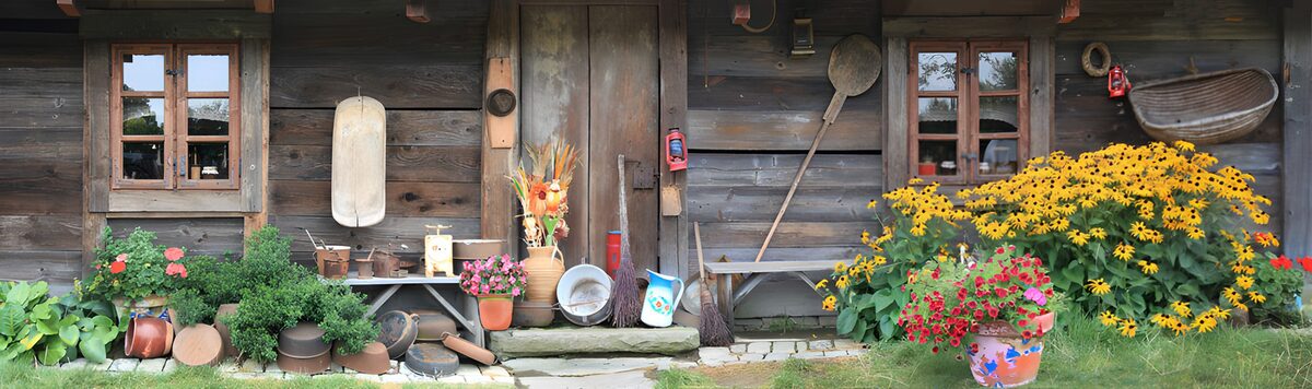Rustic wooden doorway with summer flowers