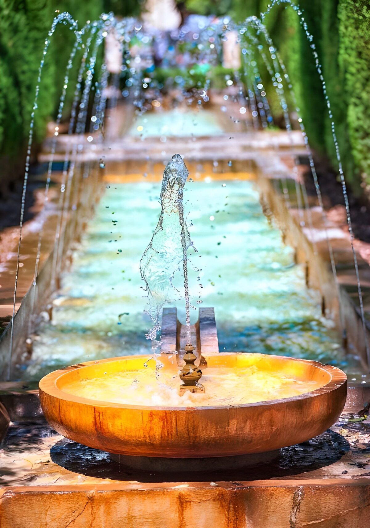 Copper-coloured garden fountain in sunlight
