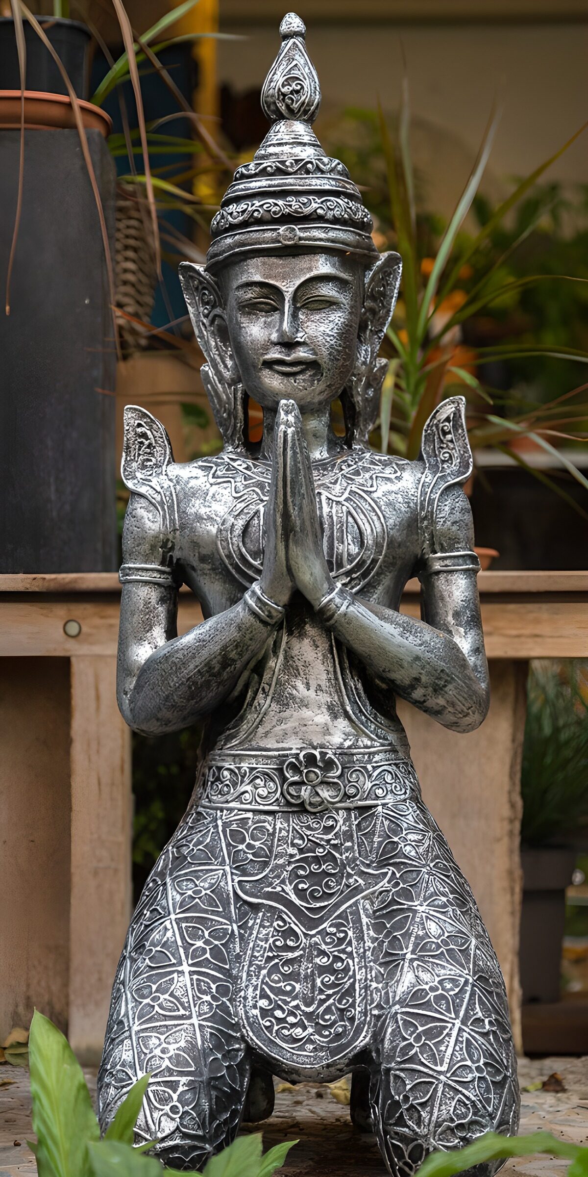 Silver-coloured statue kneeling in prayer
