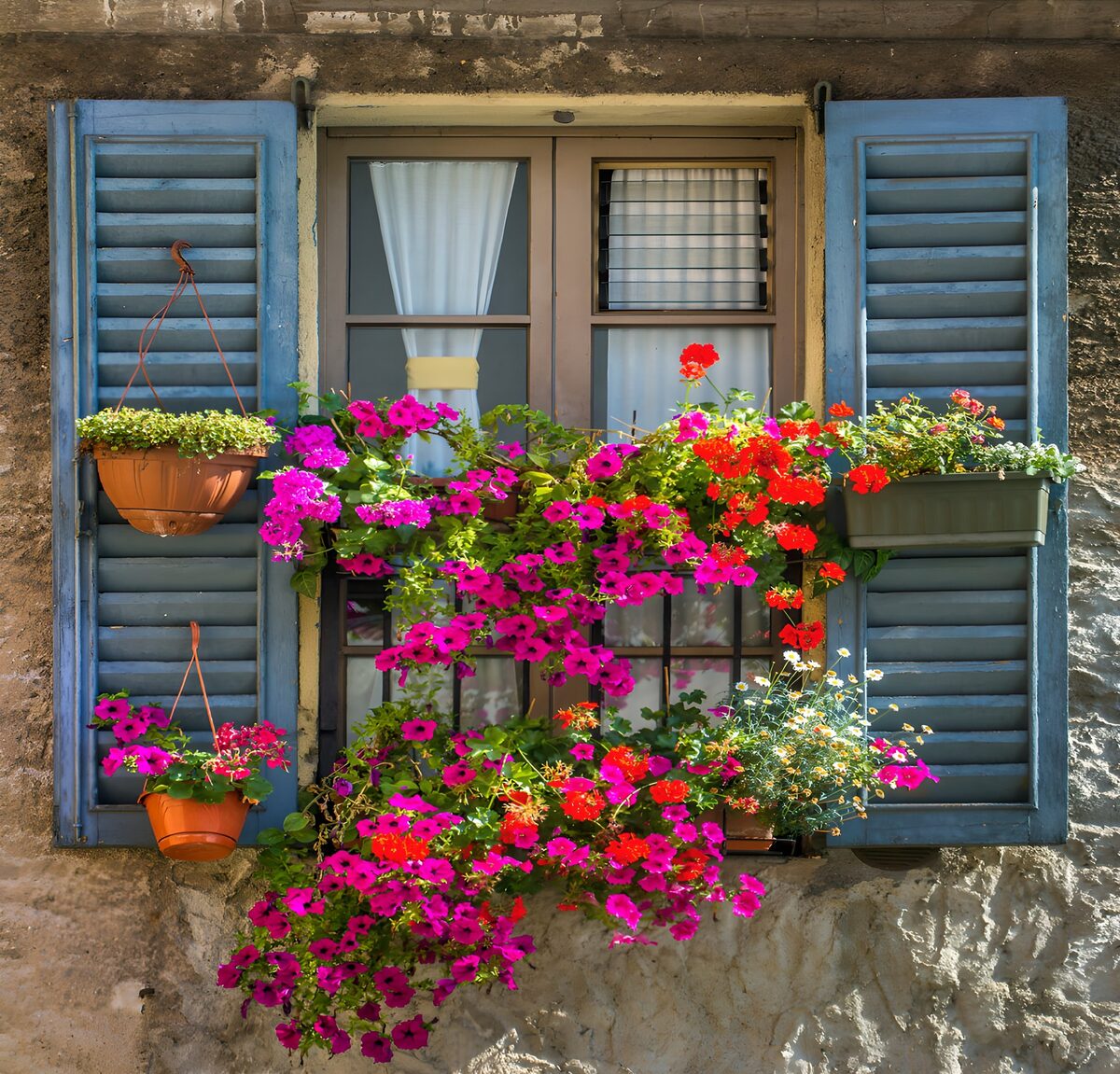 Blue shutters and a cascade of flowers