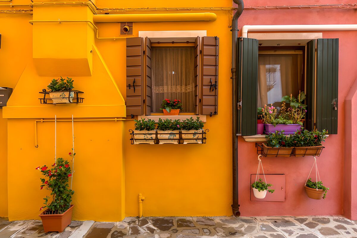 Sunlit yellow and pink house fronts