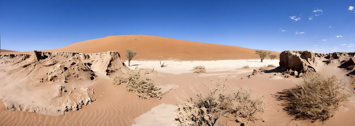Orange dune above a sunlit desert basin